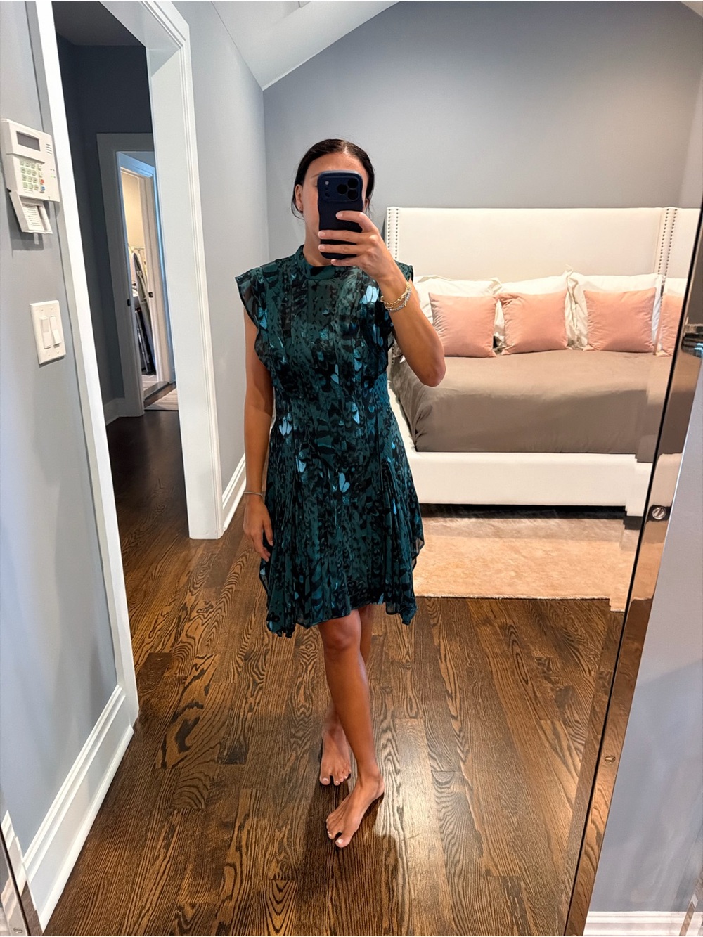 AllSaints Teal Green Floral Fit-and-Flare Dress